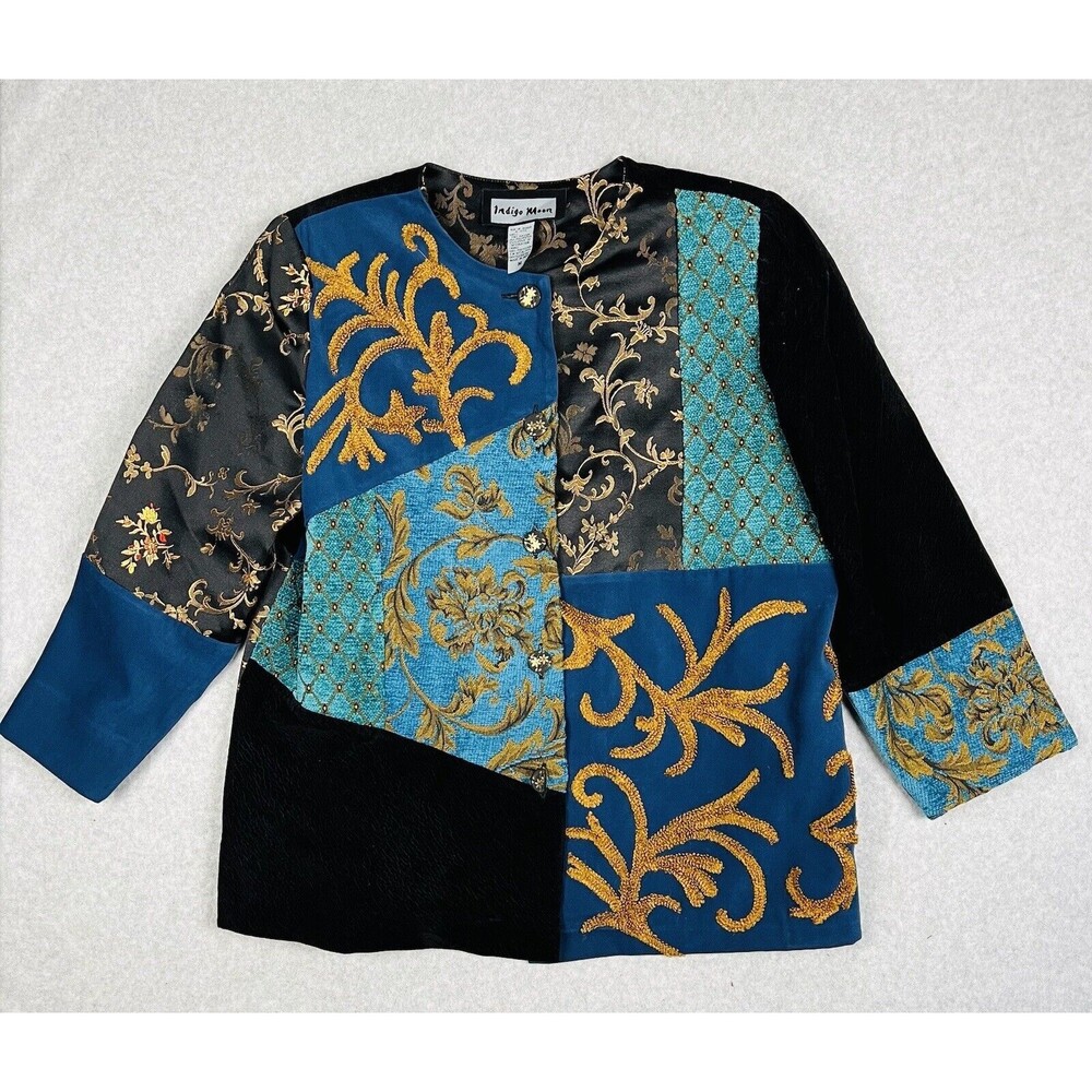 Indigo Moon Velvet Blazer Womens Medium Teal Black Embroidered Jacket - Picture 2 of 13